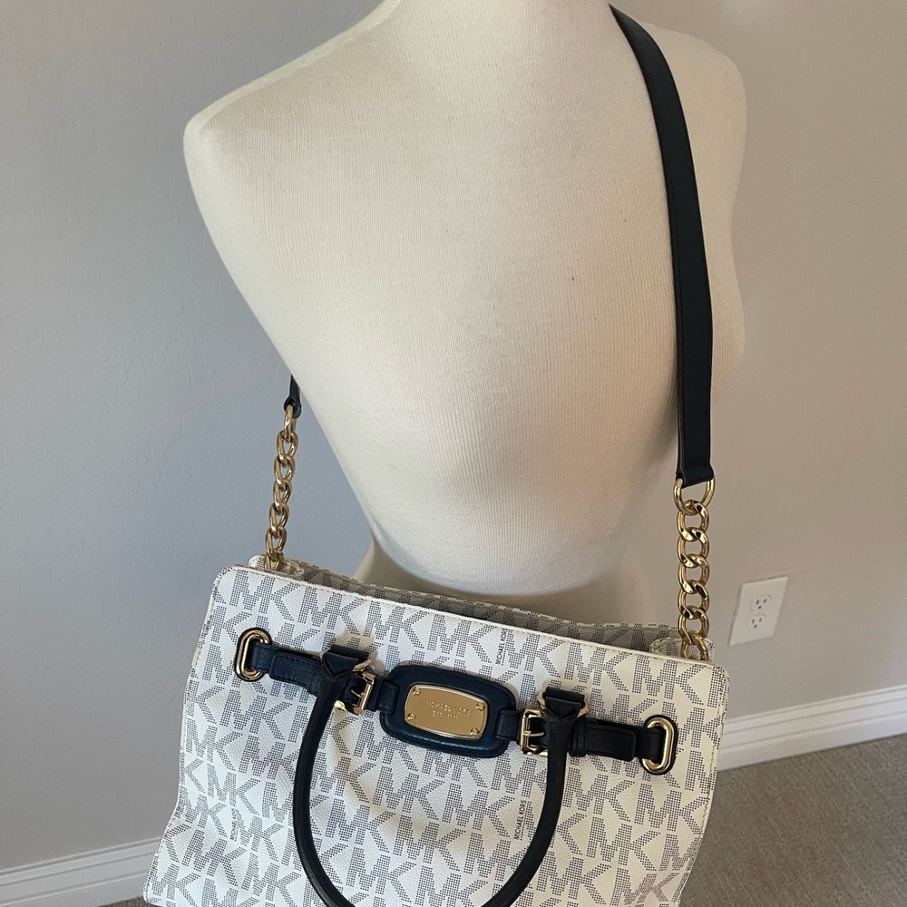 Michael Kors Monogram Shoulder Bag in White and Navy Blue